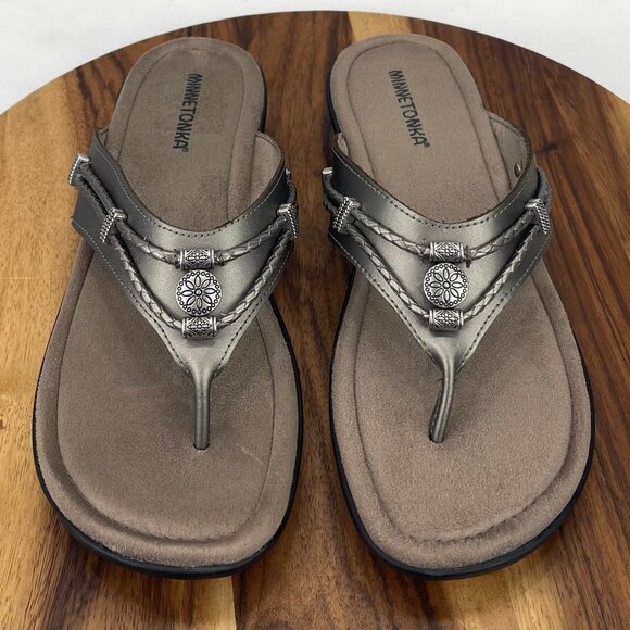 Minnetonka Silverthorne 5909041 Womens 11 M Gray Pewter Comfort Thong Sandals - Picture 10 of 14
